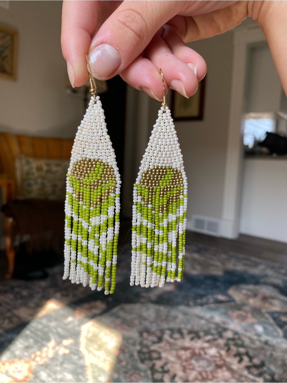 Beaded Fringe Earrings in White, Green & Gold leaf & sun pattern